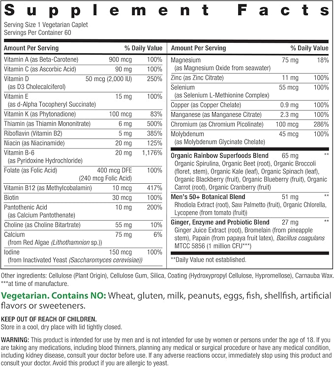 Rainbow Light Mens Multivitamin One + for 50 Plus | 60 Caplets | Supports Muscle Health | with Vitamins C, D, and Zinc | Real Food Nutrients, Digestive Enzymes & Probiotics