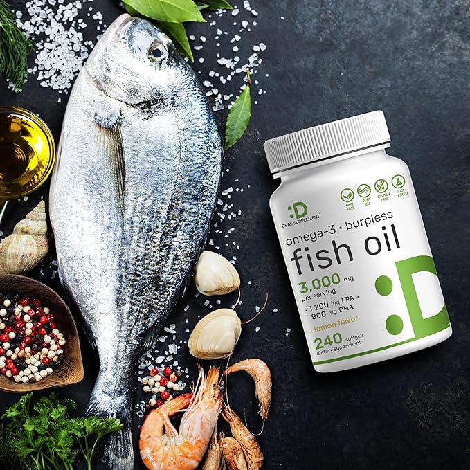 DEAL SUPPLEMENT Omega 3 Fish Oil Supplements, 3,000mg Per Serving, 240 Softgels – EPA 1,200mg + DHA 900mg – Burpless Pills, Lemon Flavored, Wild Caught – Brain & Heart Support – Mercury Free, Non-GMO