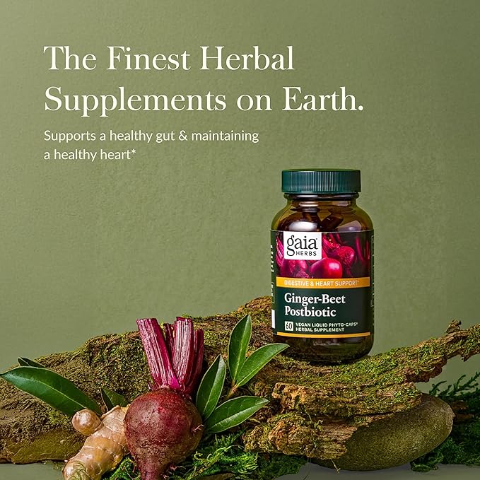 Gaia Herbs Ginger-Beet Postbiotic - Supplement for Gut & Heart Health Support* - Made with Fermented Beets & Ginger - Free from Dairy, Soy & Gluten - 60 Vegan Liquid Phyto-Caps (30 Servings)