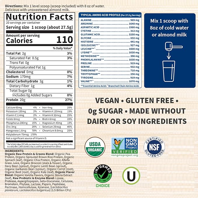 Garden of Life Raw Protein & Greens Vanilla Protein Powder – 20g Plant Based Greens Powder, Probiotics & Enzymes, Post-Workout Recovery, Vegan, Gluten-Free, Non-GMO, 20 Servings, (Pack of 6)