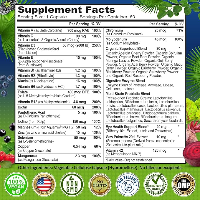 Men's Daily Multivitamin 50 Plus - Vegan Methylated Multivitamin for Men 50 and Over - Saw Palmetto, Biotin, Organic Superfoods, Lutein - Eye, Energy, Gut, Health Support - Easy to Swallow Capsules
