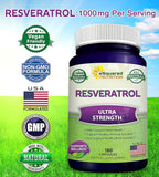 100% Natural Resveratrol - 1000mg Per Serving Max Strength (180 Capsules) Antioxidant Supplement, Trans-Resveratrol Pills for Heart Health & Pure, Polyphenols (Pack of 2)