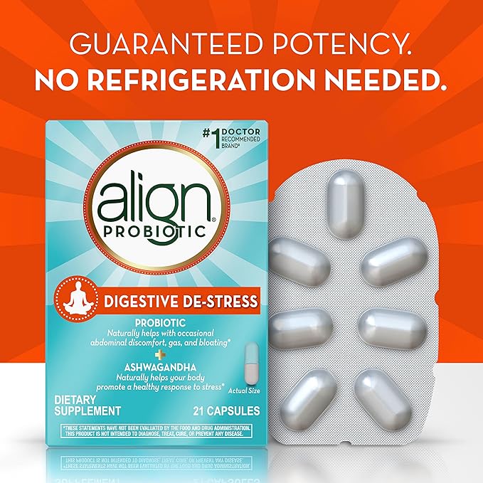 Align Probiotic, Gut Health + Stress Support, with Probiotics for Digestive Health and Ashwagandha to Help Calm Mind and Body*, #1 Doctor Recommended Brand‡, 21 Capsules (Pack of 2)
