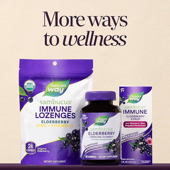 Nature's Way Sambucus Elderberry Gummies, Immune Support Gummy for Adults & Kids Ages 4+ with Black Elderberry Extract, Vitamin C, Vitamin D3, and Zinc*, 60 Gummies (Set of 3)