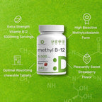 DEAL SUPPLEMENT Methyl B-12 Vitamins 5000 mcg, 240 Chewable Tablets | Active Form - Strawberry Flavored - Energy Support & Brain Health Function - Vegetarian & GMO Free