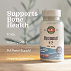 KAL Liposomal Vitamin K2 Supplement with MK7 100 mcg - High Absorption, Liposomal Technology - Advanced Bone Support - Vegan, Gluten Free, Made Without Soy, 30 Servings, 30 VegCaps