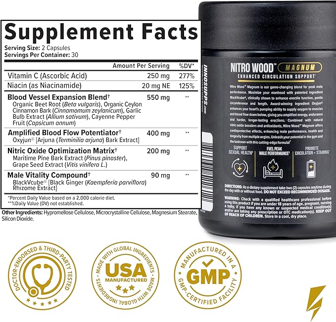 InnoSupps Nitro Wood Magnum – Nitric Oxide Booster for Men – Supports Blood Flow, Circulation & Male Performance – Stamina, Endurance & Size Support – 60 Veg Capsules
