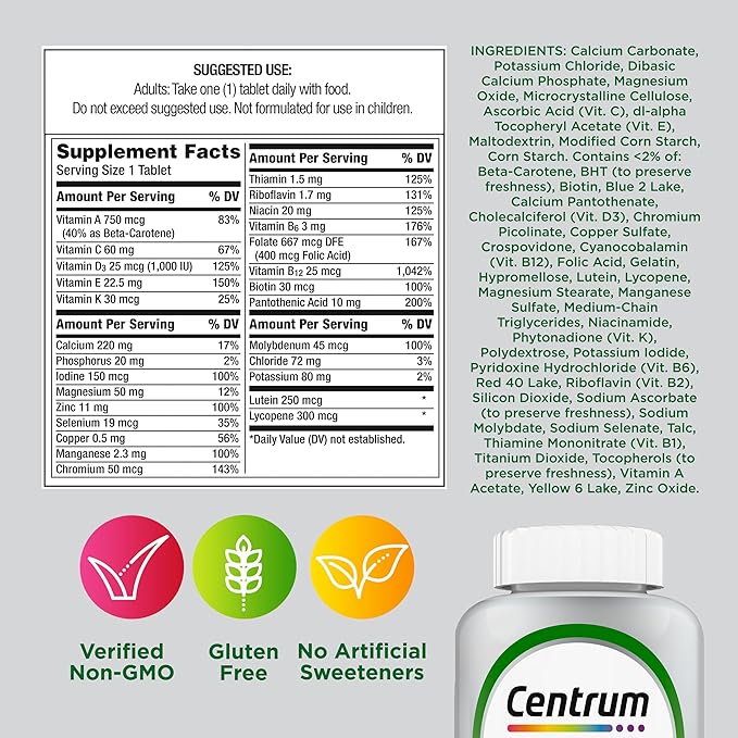 Centrum Silver Multivitamin for Adults 50 Plus, Multivitamin/Multimineral Supplement, Vitamin D3, B-Vitamins, Gluten Free, Non-GMO Ingredients, Supports Memory and Cognition in Older Adults - 125 Ct