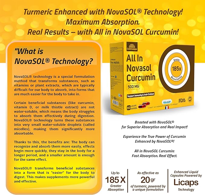 All in Novasol Curcumin Herbal Supplement – Advanced Curcumin Formula, Enhanced Absorption Licaps Capsules, Supports Antioxidant, Immune & Cellular Health | 60 Capsules