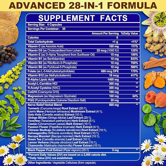 1400MG R Alpha Lipoic Acid, 28-in-1 Stabilized ALA Supplements, Neuropathy Supplements with L-Carnitine, NAC & B-Complex, R-ALA Supplement Antioxidant for Nerve, Brain, Energy丨Vegan, 120 Capsules