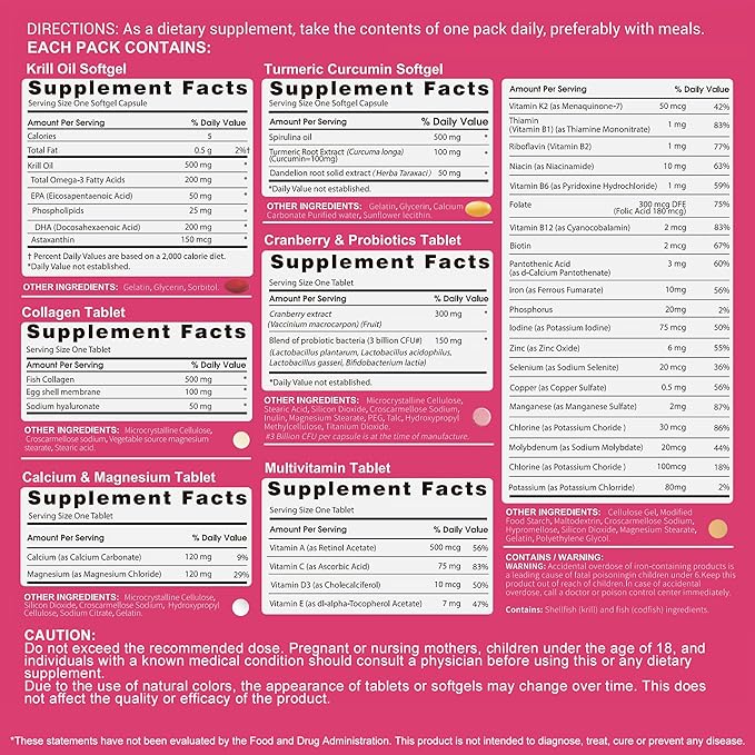 Multivitamin for Women with Vitamin A,B,C,D3,E,K2,Biotin, Collagen,Krill Oil,Cranberries Supports Energy,Wellness,Beauty and Immune - Vitamin Packs for Women Health 2 PCS-60 Packs
