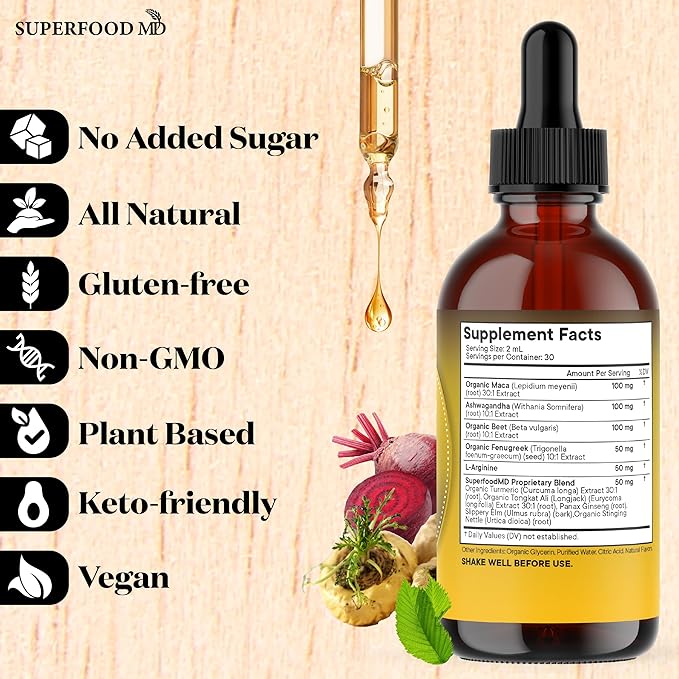 Superfood MD Maca Root Liquid Drops with Ashwagandha, Nettle, Fenugreek, Beet Root and L-Arginine Liquid Multivitamin for Women and Men - 2oz