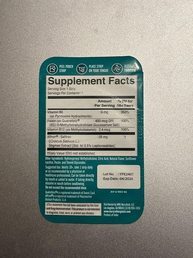 Mood & Cognition Dissolving Strips by MaryRuth's | Vitamin B12 | Vitamin B6 | Saffron | Folate | B Vitamins | Sugar Free | Strawberry Flavor | Vegan | Gluten Free | Dairy Free | 30 Count