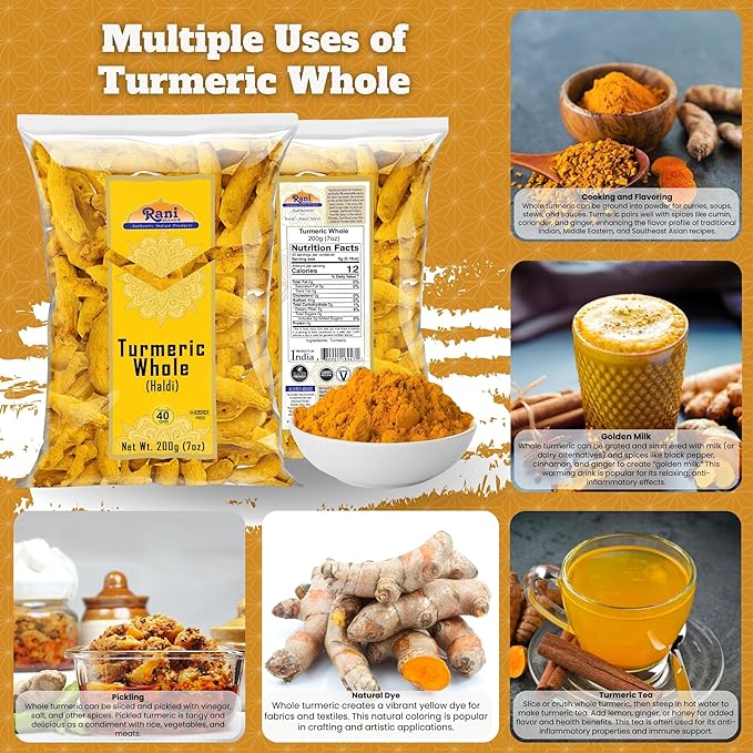 Rani Turmeric (Haldi) Root Whole Spice, Dried 7oz (200g) ~ All Natural | 100% Pure | Vegan | Gluten Friendly | NON-GMO | Kosher | Indian Origin