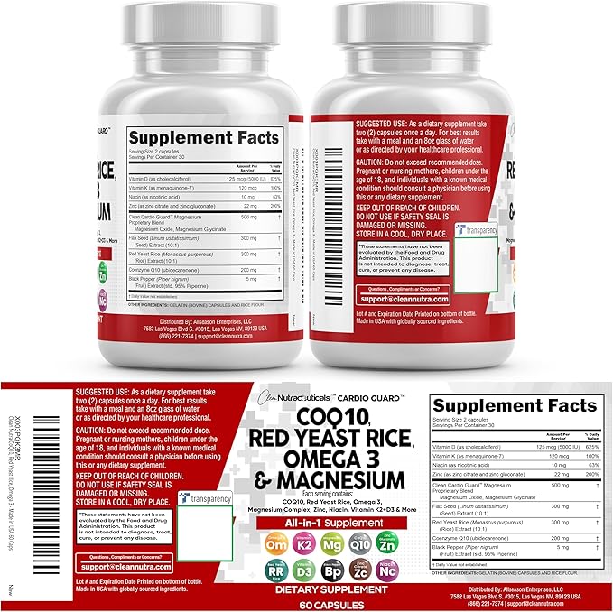 Clean Nutraceuticals COQ10 200mg Red Yeast Rice Omega 3 Magnesium Complex 500mg Niacin Zinc Vitamin K2 D3 - Heart Support Vitamins for Women & Men w/Vitamin B3, Coenzyme Q10-60 Ct (Pack of 2)