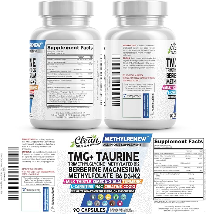 Clean Nutra TMG Supplements 1000mg | Methylated Multivitamin for Women Men | Taurine B6 Vitamins B12 D3 K2 Trimethylglycine Magnesium Methylfolate Milk Thistle NAC COQ10 B Supplement Complex Capsules