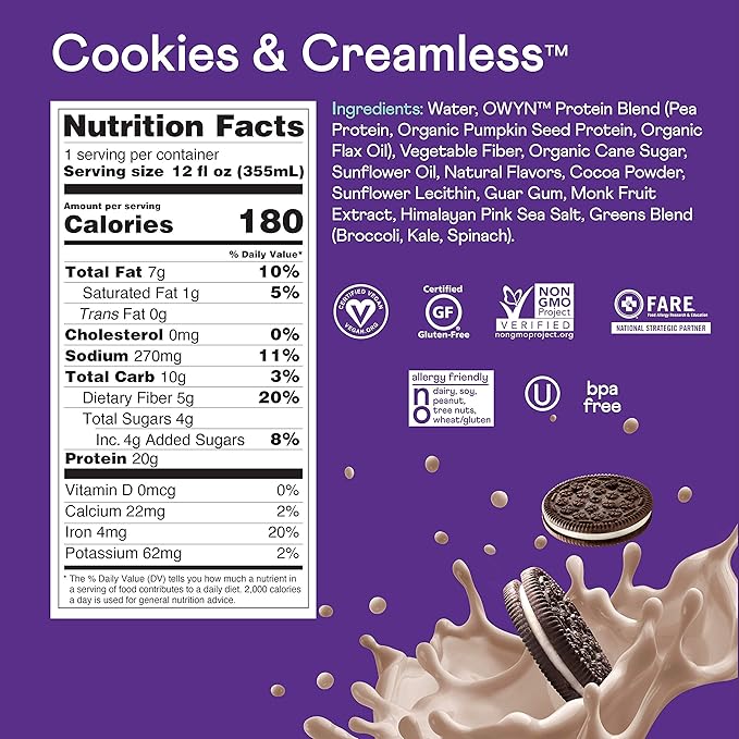 OWYN Only What You Need Plant Based Protein Shake, 20g Vegan Protein from Organic Pumpkin Seed, Flax, Pea Blend, Prebiotic Supplement, Superfood Greens, Gluten & Soy-Free (Cookies & Creamless)