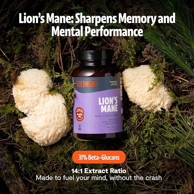 FreshCap Mushrooms Ayurveda Lions Mane Supplement Capsules 14,000mg - Lion's Mane, High Potency Extract, 14:1 Organic Mushroom Supplement, Focus Made in USA (120 Capsules)