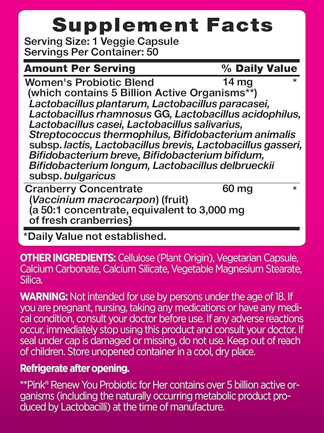 PINK Probiotics for Women | Digestive Health Support Capsules Plus Cranberry | 50 Count | Vegetarian, Non-GMO & Gluten Free Supplement