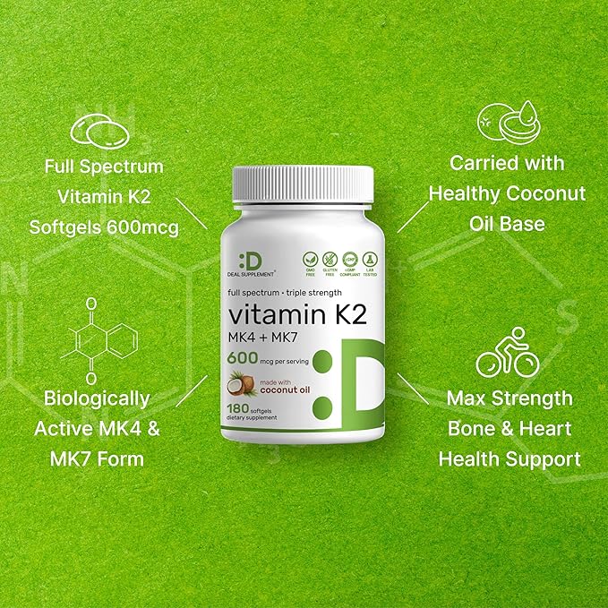 DEAL SUPPLEMENT Vitamin K2 Supplement 600mcg, 180 Coconut Oil Softgels | Full Spectrum High Absorption MK-7 & MK-4 Forms | Bone, Joint, & Immune Support – Non-GMO