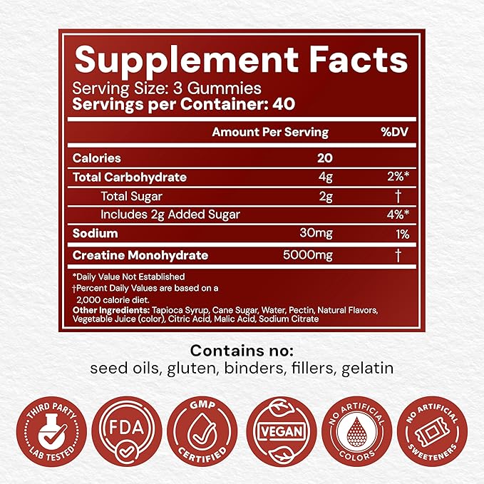Creatine Monohydrate Gummies 5g - Watermelon Flavored Creatine for Women and Men - Supplement Supports Muscle Gain, Energy, Pre and Post Workout, Focus & Cognition, Recovery (120 count, 40 servings)