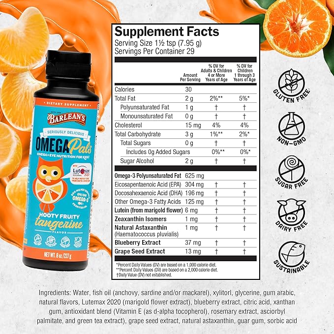 Barlean's Omega 3 Fish Oil Liquid Supplement for Kids, 500 mg of EPA and DHA Fatty Acid for Brain & Eye Health, Hooty Fruity Tangerine, 8 oz, 2 Pack
