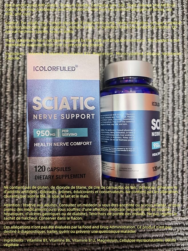 Sciatic Nerve Capsules, Nerve Support Supplement with 300mg Alpha Lipoic Acid & B-Complex Vitamins, 120 Capsules for Hip, Hand, Leg & Lower Back Comfort