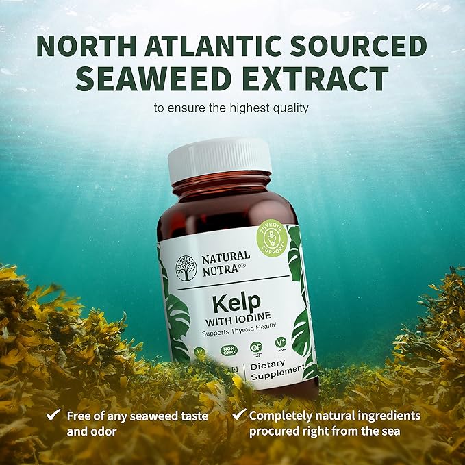 Natural Nutra Kelp Iodine with Potassium Iodide - Thyroid Support Supplement - Immune Strength & Metabolism Balance - Vegan Sea Kelp for Wellness - 225 mcg Iodine - 100 Tablets