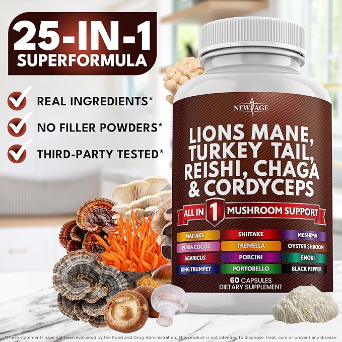 NEW AGE Lions Mane Mushroom Supplement with Turkey Tail Reishi Cordyceps Chaga with Marshmallow Root - 120 Count