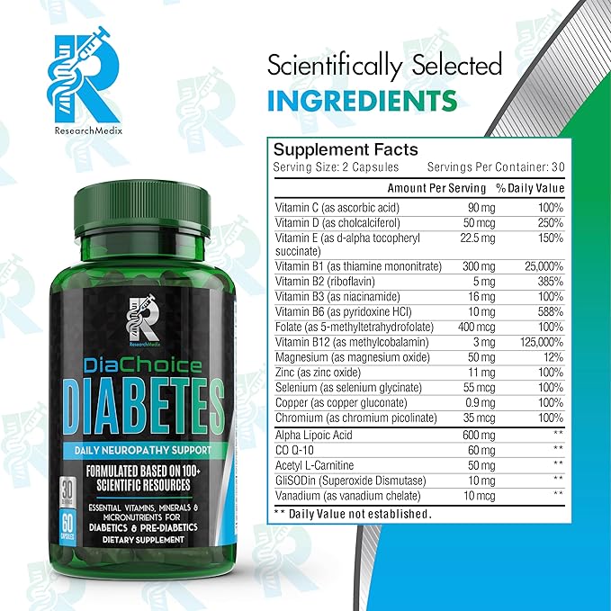 DiaChoice Neuropathy Support with Alpha Lipoic Acid 600 mg, to Fortify Nerve Health & Support Healthy Nerve Function, ALA, Co Q10, Magnesium, Zinc, Vitamins B12, B9, B6, B3, B2, B1, D, C, E & 5 more