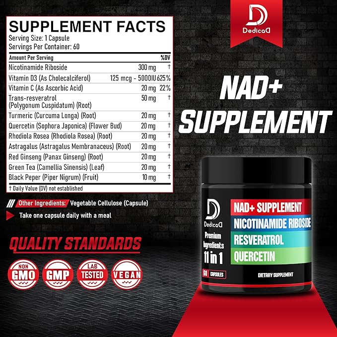 DEDICAD 11in1 NAD Supplement with Nicotinamide Riboside, Quercetin, Resveratrol and 8 More - 2 Month Supply