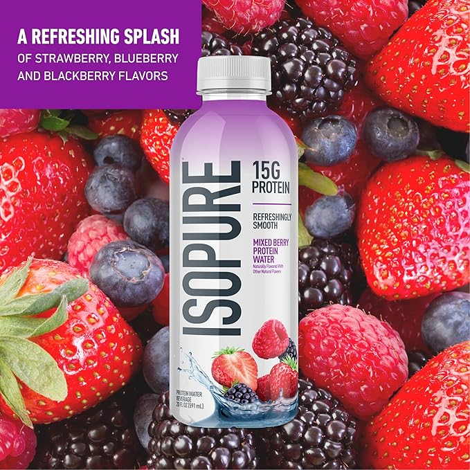 Isopure Zero Carb 100% Pure Whey Isolate Unflavored Protein Powder 3 Lbs + 1 Bottle of Clear Protein Water with Electrolytes, 15g Whey Protein Isolate, Zero Sugar, Mixed Berry, 20 fl oz Bottle