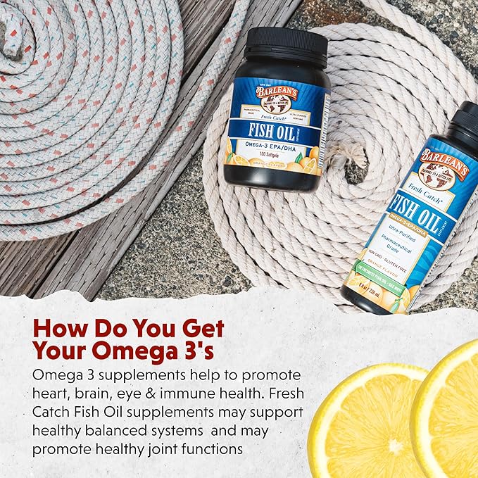 Barlean's Omega 3 Fish Oil Liquid Supplement, 1262mg EPA and DHA Fatty Acids, Non-GMO and Gluten Free, Orange Flavor, 8 oz