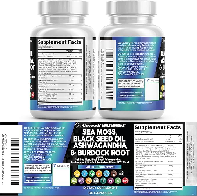 Clean Nutraceuticals Sea Moss Black Seed Oil Ashwagandha Turmeric Bladderwrack Burdock & Vitamin C Vitamin D3 with Elderberry Manuka Dandelion Yellow Dock Iodine Chlorophyll ACV - 2Pack (Pack of 2)