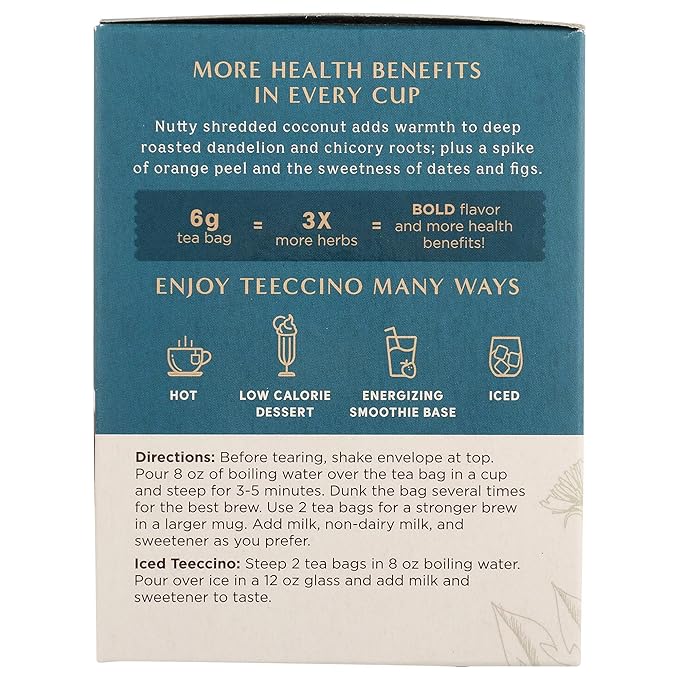 Teeccino Dandelion Coconut Tea - 10 Tea Bags - Caffeine Free, Roasted Herbal Tea with Prebiotics, 3x More Herbs than Regular Tea Bags, Gluten Free