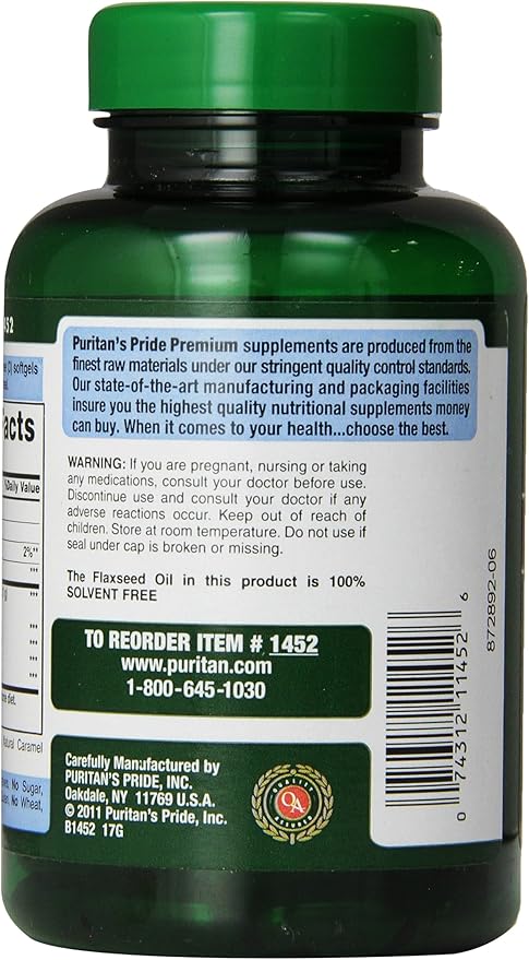 Puritan's Pride Premium Natural Flax Oil 1000 mg Omega-3, 6 & 9 Cold Pressed, 120 Softgels