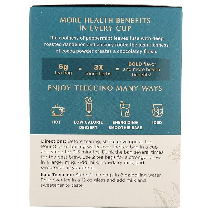 Teeccino Dandelion Root Tea - Mocha Mint - Caffeine Free, Roasted Herbal Tea with Prebiotics, 3x More Herbs than Regular Tea Bags, Gluten Free - 10 Tea Bags (Pack of 4)