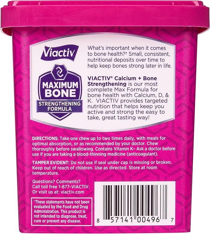 Viactiv Calcium + Vitamin D Supplement Soft Chews for Women & Men - Chewable Calcium for Bone Health Support, 650 mg per Serving, Vitamin D & K for High Absorption - 60 Count, Caramel