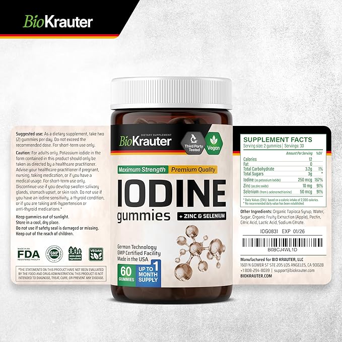BIO KRAUTER® Iodine with Zinc and Selenium for Thyroid Support - Vegan Potassium Iodide for Antioxidant & Immune Support - Selenium Supplements for Women - 60 Gummies, Non-GMO, Apple Flavor