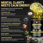 Organic Mushroom Complex with Shilajit & Coconut Oil - Lions Mane Mushroom Supplement with Ashwagandha and L-Theanine - Mushroom Nootropic for Memory, Focus & Immune Mushroom Capsules Softgels
