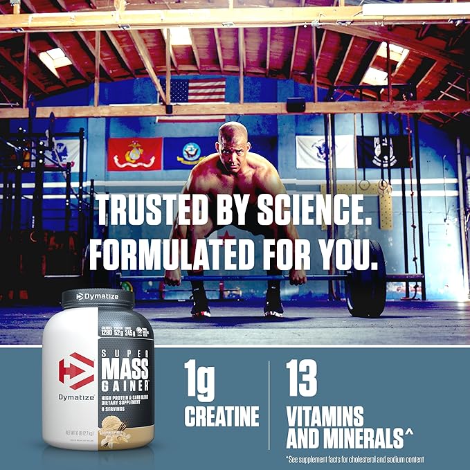 Dymatize Super Mass Gainer Protein Powder, Gourmet Vanilla, 52g Protein, 1g Creatine, 1280 Calories, 10.7g BCAAs, 245g Carbs, Contains Whey Protein Powder, Isolate, and Casein (8 Servings)