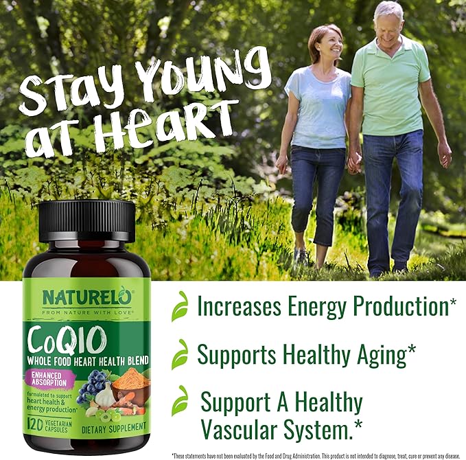 NATURELO Whole Food CoQ10 Supplement, 120 Veg Capsules, Heart Health Blend, Powerful Antioxidant, CoQ10 100mg Supports Energy Production