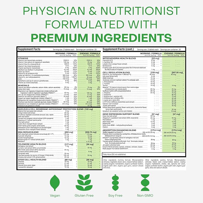 HealhtyCell AM/PM Healthspan System - 90+ Vitamins, Minerals, Protective Phytonutrients, Probiotics & Enzymes for Advanced Cellular Nutrition - 60 AM Tablets & 60 PM Tablets