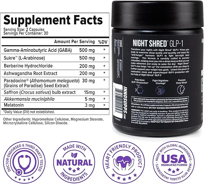 InnoSupps Night Shred GLP-1 - Nighttime Metabolic + Sleep Support* - Akkermansia + Ashwagandha - 60 Capsules. 30 Servings.