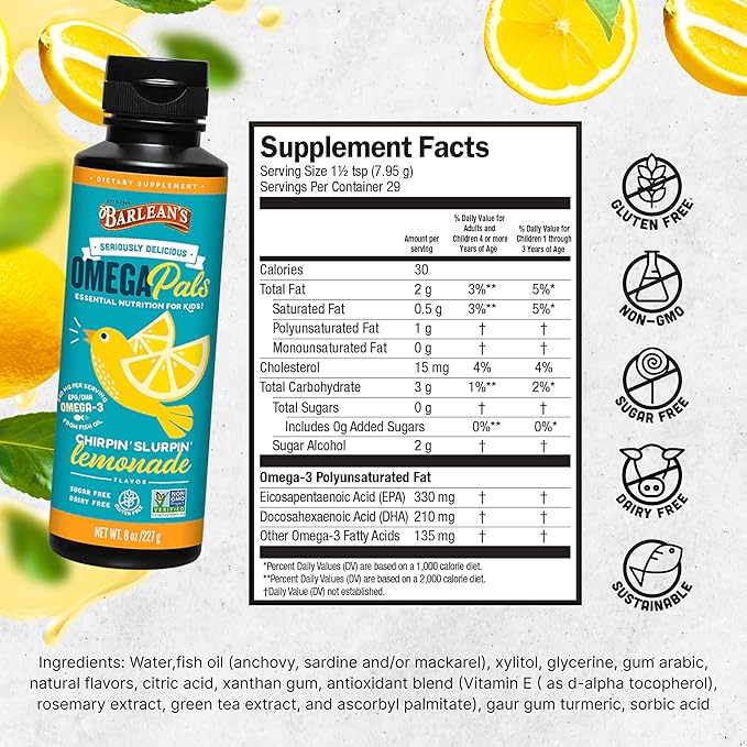 Barlean's Omega Pals Chirpin' Slurpin' Lemonade Flavored Omega-3 for Kids, Yummy Children's Liquid Fish Oil Supplement with 540 mg of EPA and DHA Fatty Acid for Brain & Eye Health, 8 oz, 2 Pack