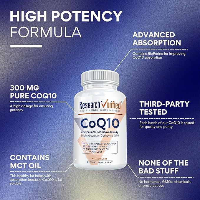 Research Verified CoQ10-100% Pure Extra Strength 300mg CoQ10 – Improved Absorption and Bioavailability with Bioperine - Boost Antioxidant Levels, Improve Cardiovascular Health, 60 Vegan Capsules