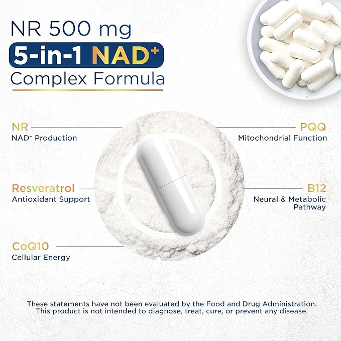 NAD+ Supplement with 500mg NR, Resveratrol, CoQ10, PQQ- 5-in-1 NAD Formula |NMN Supplement Alternative|NAD Resveratrol Support Cellular Energy & Healthy Aging-Made in USA-60 Capsules