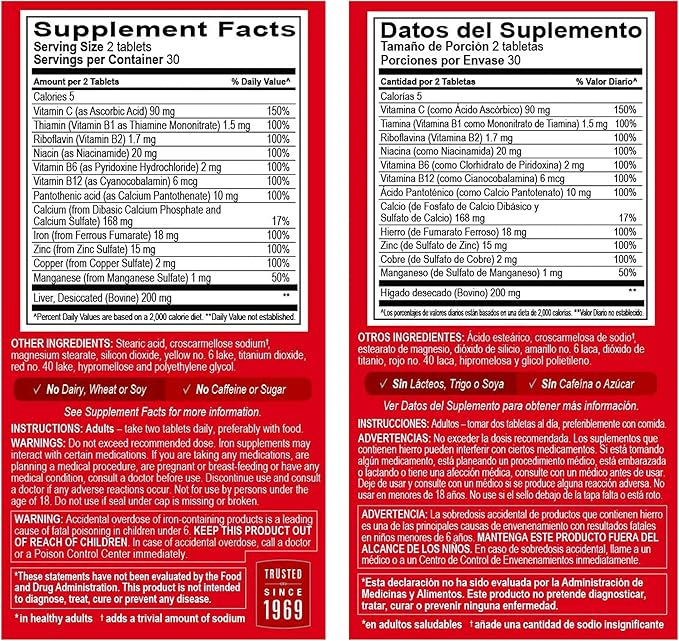 Globulo Rojo Iron Supplement - Dietary Supplement Pills with High Potency Iron & B Vitamins, 60 Tablets