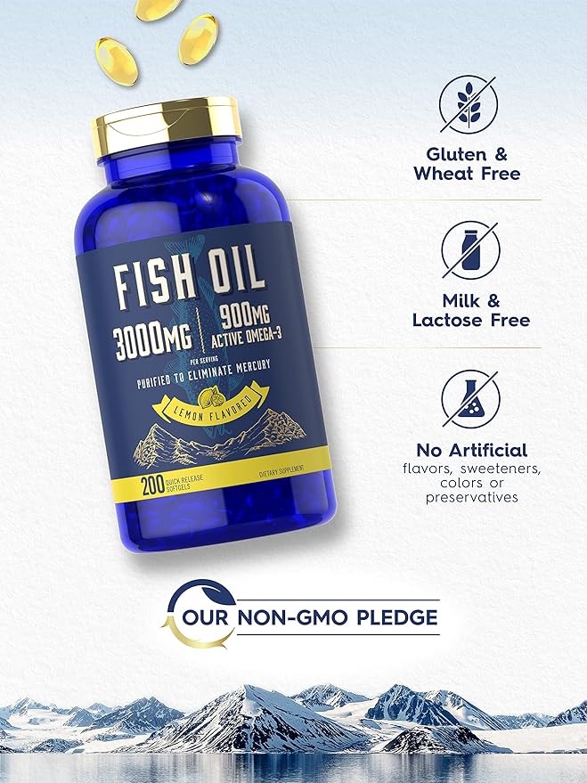 Carlyle Fish Oil 3000mg | 900mg Omega 3 | 200 Softgels | Lemon Flavor | Non-GMO and Gluten Free Supplement