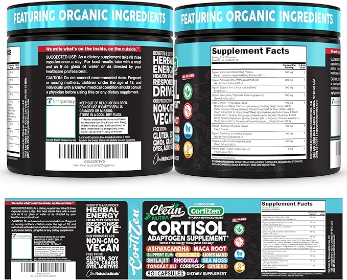 Clean Nutra Cortisol Supplements For Women | Maca Root Ashwagandha Cortisol Detox Manager Reducer + Slippery Elm Fenugreek Lions Mane Shilajit Rhodiola Sea Moss Tongkat Ali Cordyceps Ginseng Beet Root
